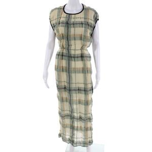 Tela Womens Sleeveless Round Neck Plaid Linen Midi Dress Brown Green Size XS